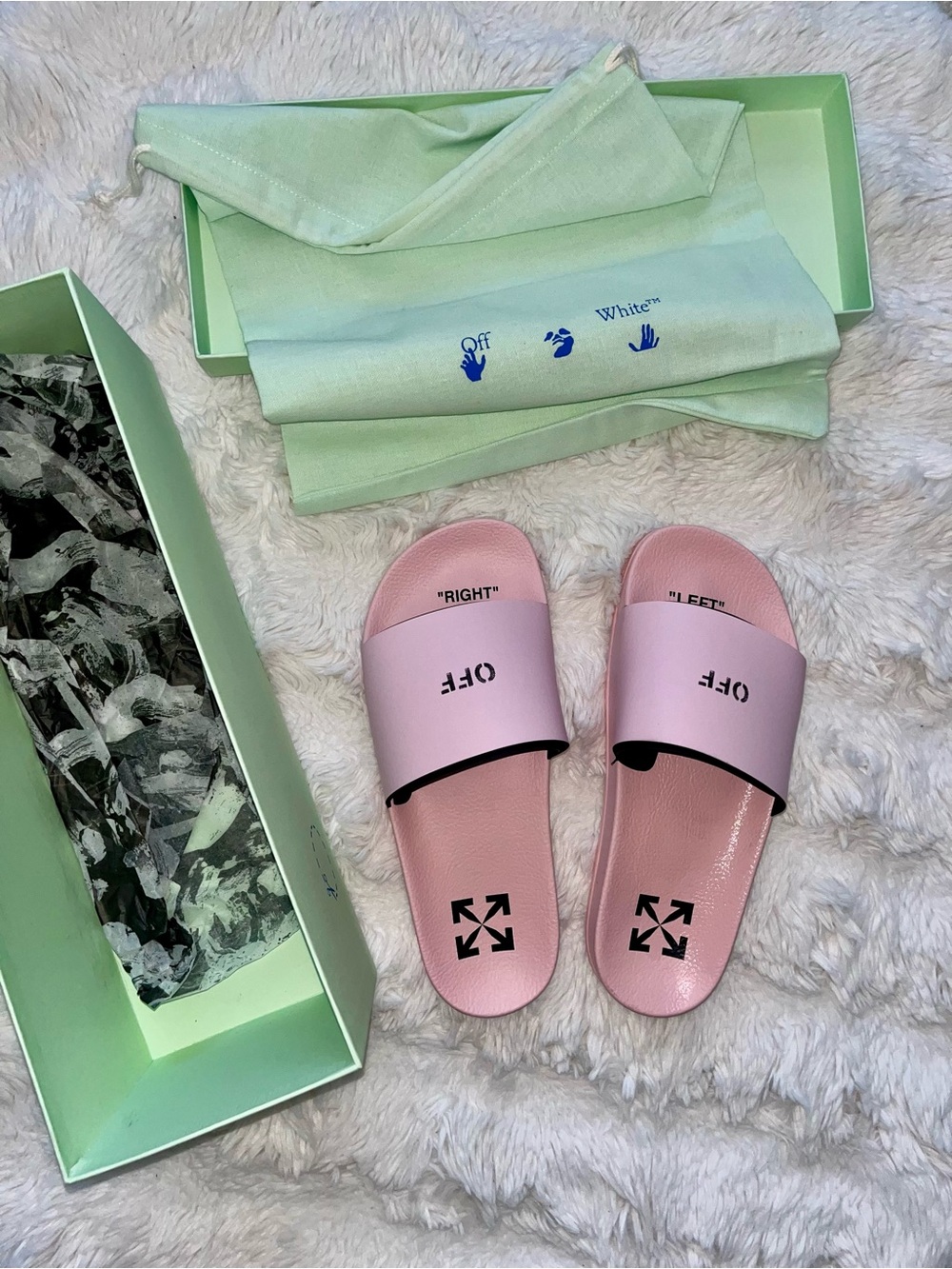 ✨NWT Off-White Light Pink Logo Pool Slides w/ Dust Bag & Box - Size EU 39
